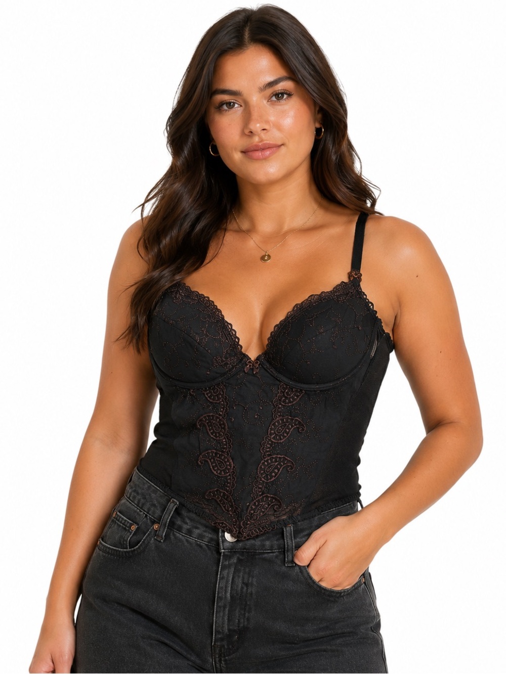 90s/Y2K European Vintage TCM Lace Paisley Embroidery Corset Black/Brown 34B S/M